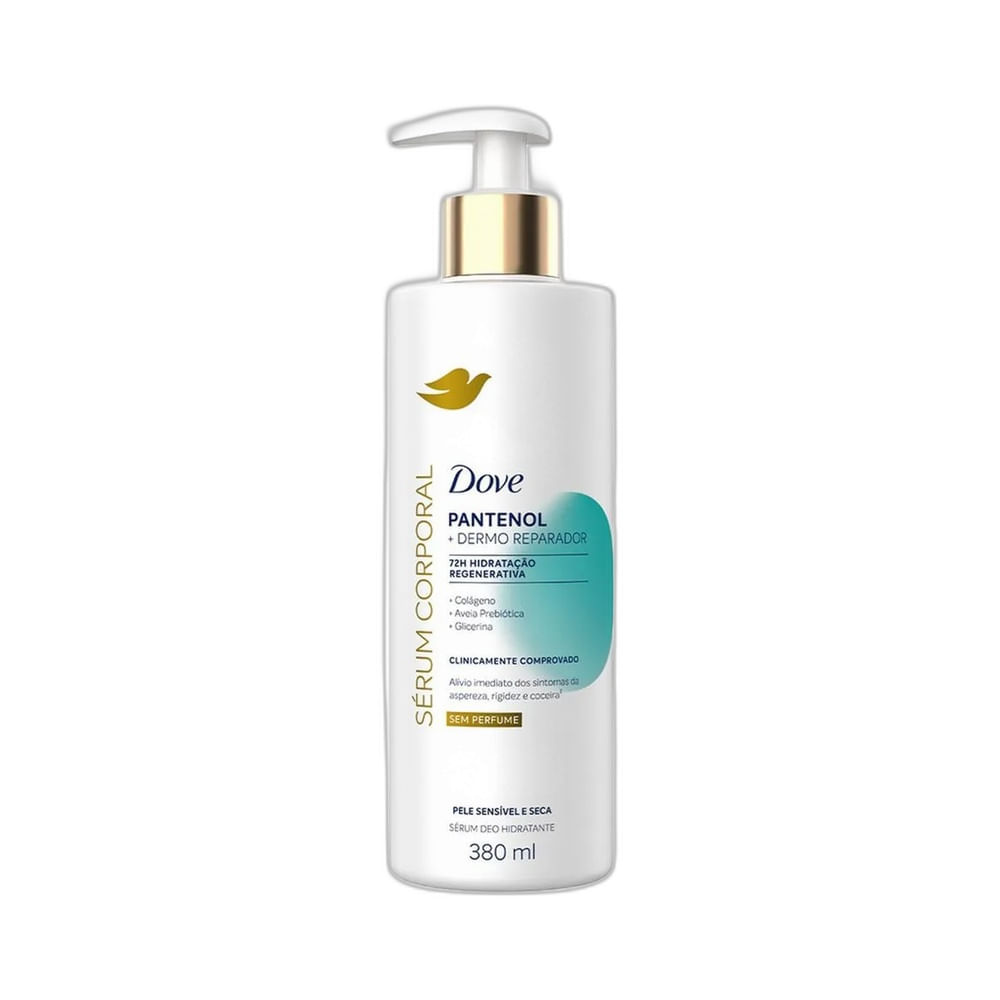 Frasco frontal do Sérum Corporal Dove Pantenol + Dermo Reparador 380ml sobre fundo branco.
